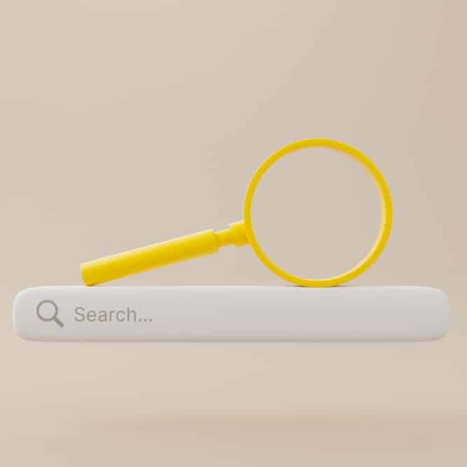 magnifying glass atop an online search bar. Content marketing for law firms.